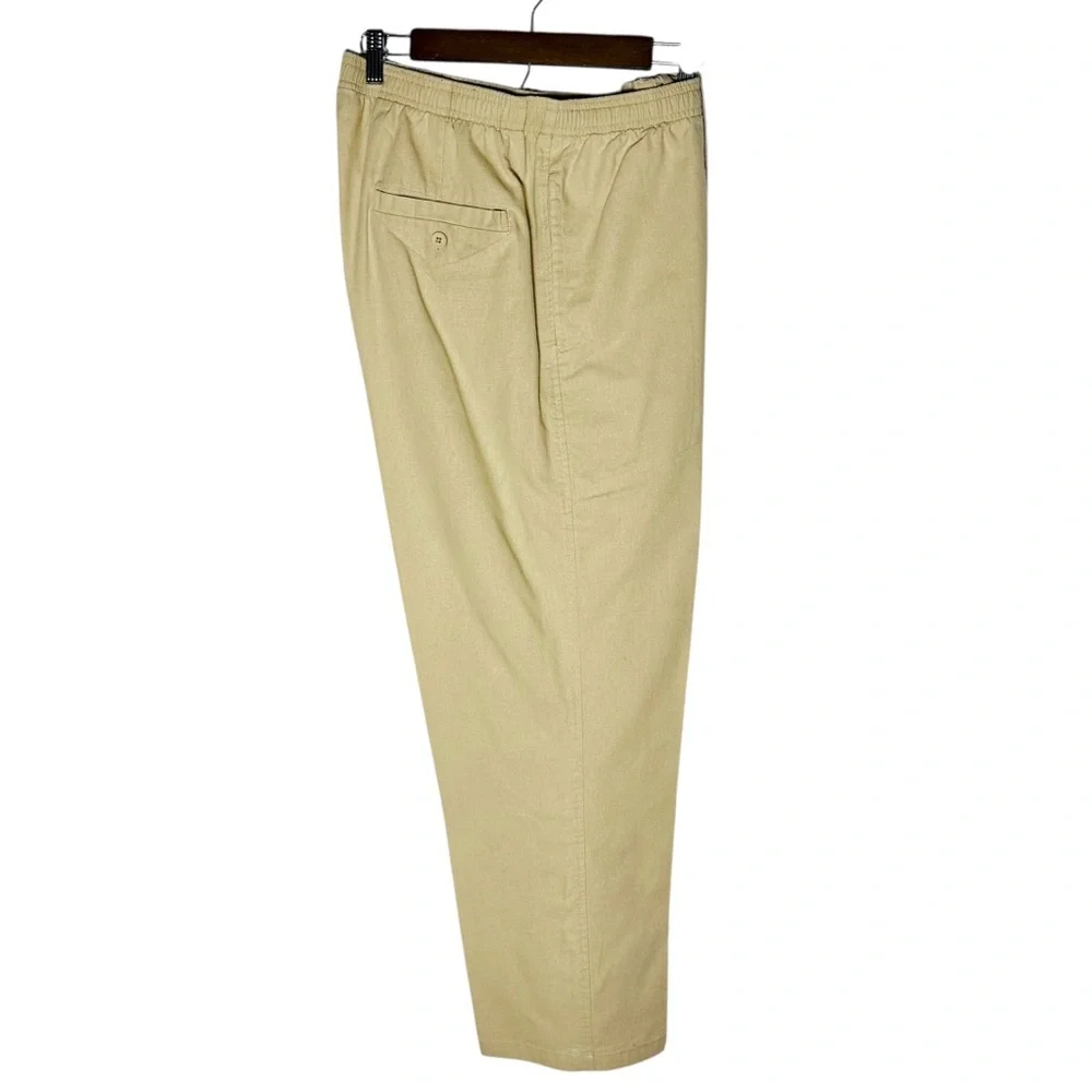 Mens Linen Cotton Pants Tan Sz M 35”W x 30”L Elastic Drawstring Waist Orton Bros